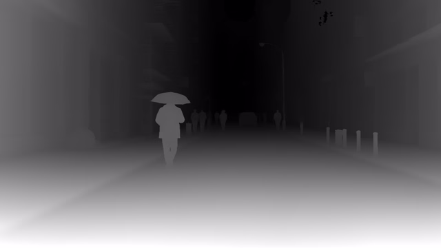 Depth Anything 3 Metric Large depth map of Rainy night street