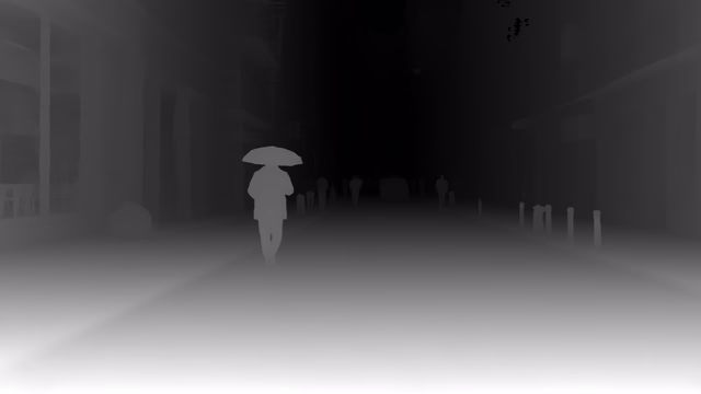 Depth Anything 3 Nested Giant-Large 1.1 depth map of Rainy night street