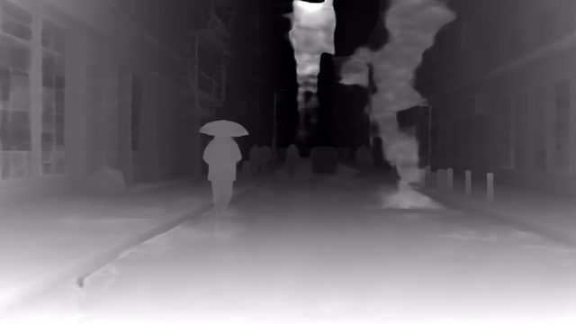 Metric3D v2 ViT-giant2 depth map of Rainy night street