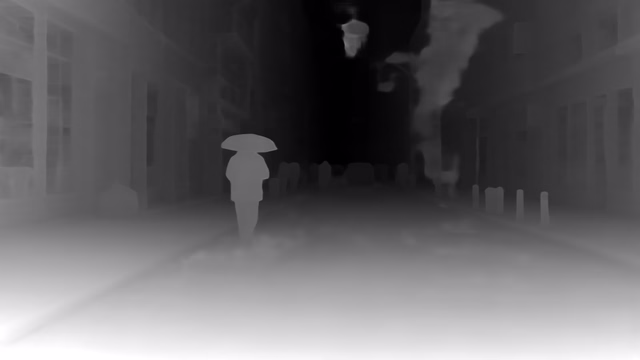 Metric3D v2 ViT-Large depth map of Rainy night street