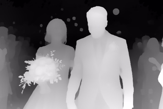 Depth Anything V2 Large depth map of Wedding, soap bubbles