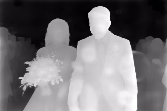 Depth Anything V1 ZoeDepth NYU depth map of Wedding, soap bubbles