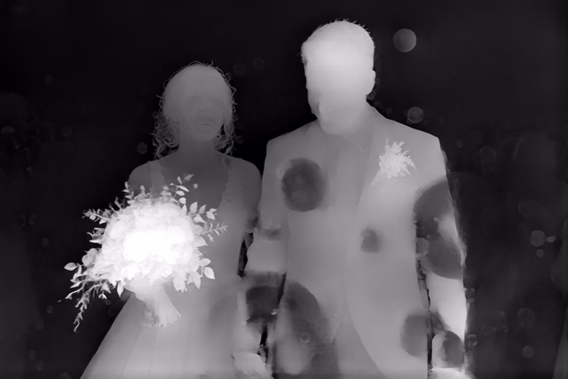 Depth Anything V2 Metric Indoor Base depth map of Wedding, soap bubbles